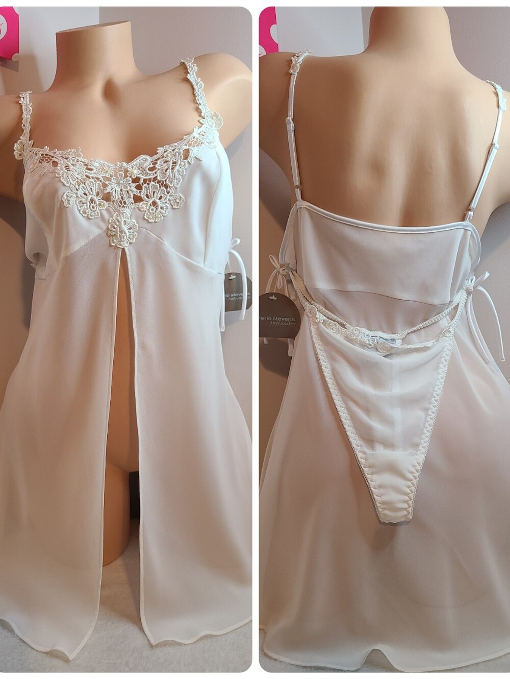 VTG Valerie Stevens Sheer Chiffon Embroidered Babydoll & Panty Set Size M